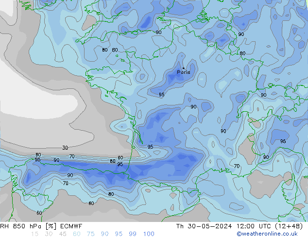 RH 850 hPa ECMWF Do 30.05.2024 12 UTC