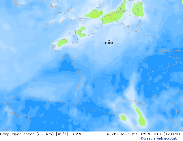 Deep layer shear (0-1km) ECMWF вт 28.05.2024 18 UTC