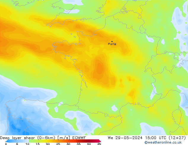 Deep layer shear (0-6km) ECMWF St 29.05.2024 15 UTC