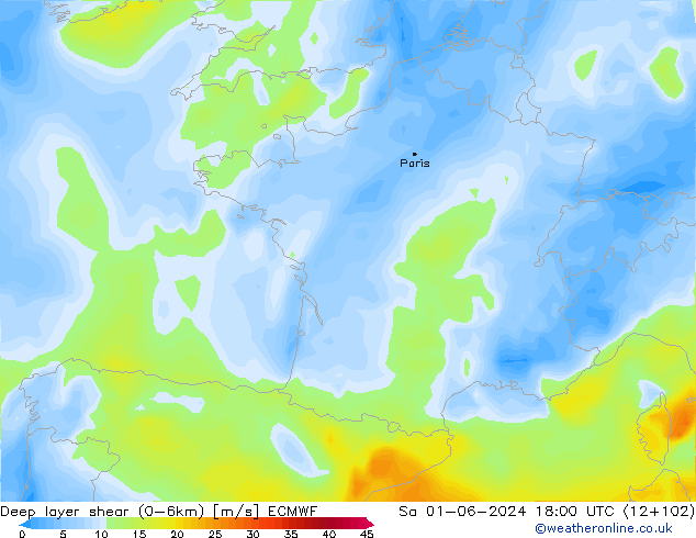 Deep layer shear (0-6km) ECMWF So 01.06.2024 18 UTC