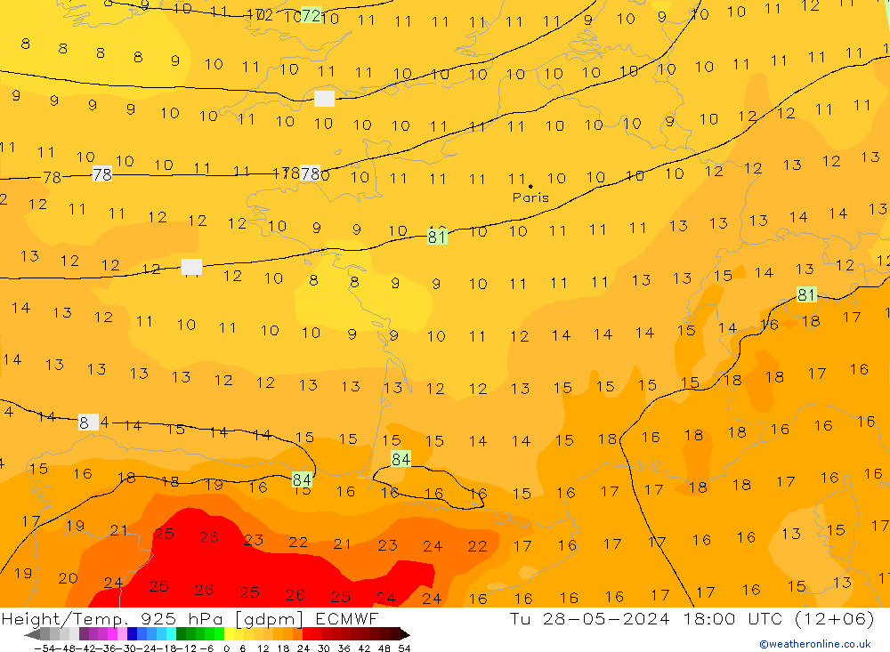 Geop./Temp. 925 hPa ECMWF mar 28.05.2024 18 UTC