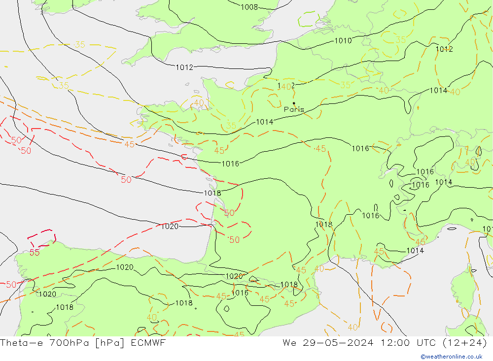 Theta-e 700hPa ECMWF St 29.05.2024 12 UTC