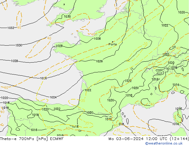 Theta-e 700hPa ECMWF lun 03.06.2024 12 UTC