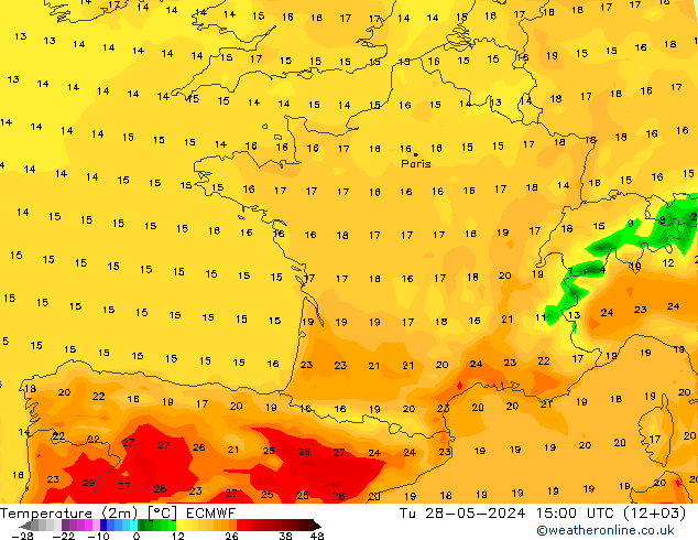 mapa temperatury (2m) ECMWF wto. 28.05.2024 15 UTC