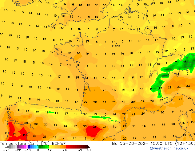 Temperature (2m) ECMWF Mo 03.06.2024 18 UTC