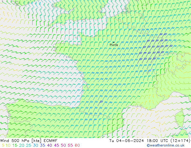 Wind 500 hPa ECMWF Tu 04.06.2024 18 UTC