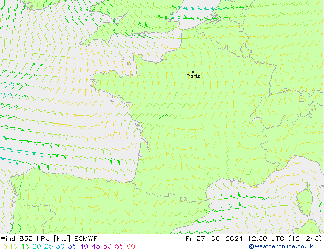 wiatr 850 hPa ECMWF pt. 07.06.2024 12 UTC