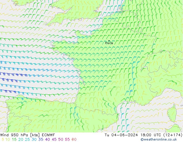 Vento 950 hPa ECMWF mar 04.06.2024 18 UTC