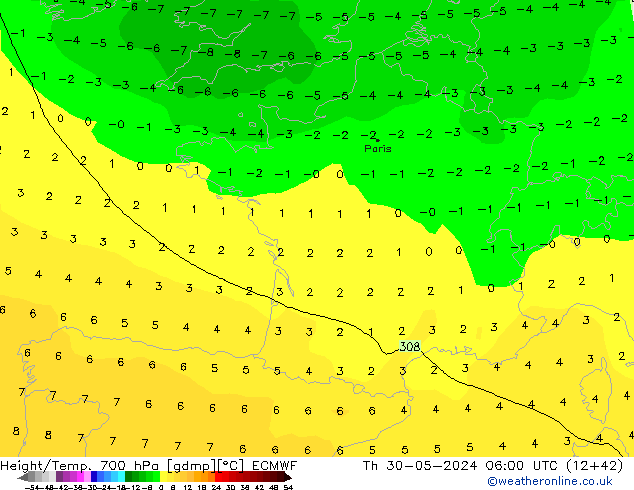 Height/Temp. 700 hPa ECMWF gio 30.05.2024 06 UTC