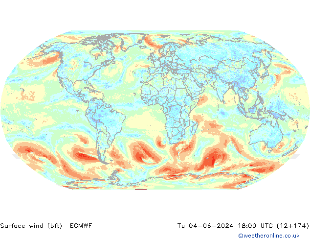 Vento 10 m (bft) ECMWF mar 04.06.2024 18 UTC