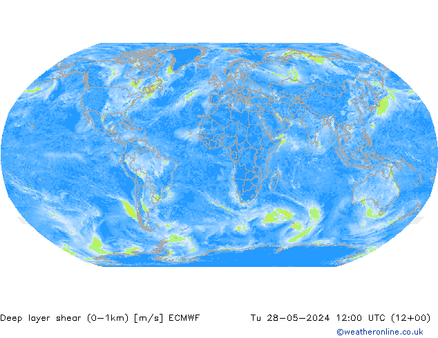 Deep layer shear (0-1km) ECMWF Tu 28.05.2024 12 UTC