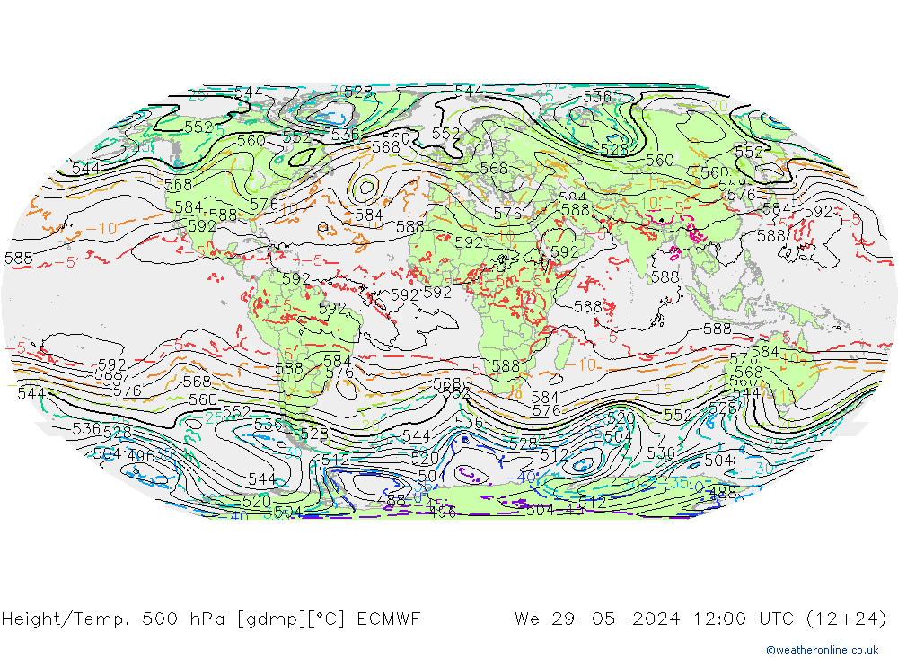 Z500/Rain (+SLP)/Z850 ECMWF We 29.05.2024 12 UTC