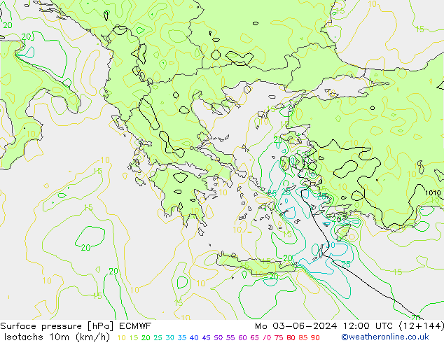 Isotaca (kph) ECMWF lun 03.06.2024 12 UTC