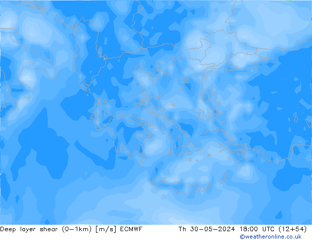 Deep layer shear (0-1km) ECMWF do 30.05.2024 18 UTC