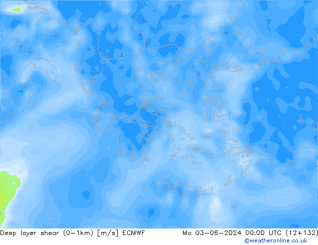 Deep layer shear (0-1km) ECMWF Mo 03.06.2024 00 UTC