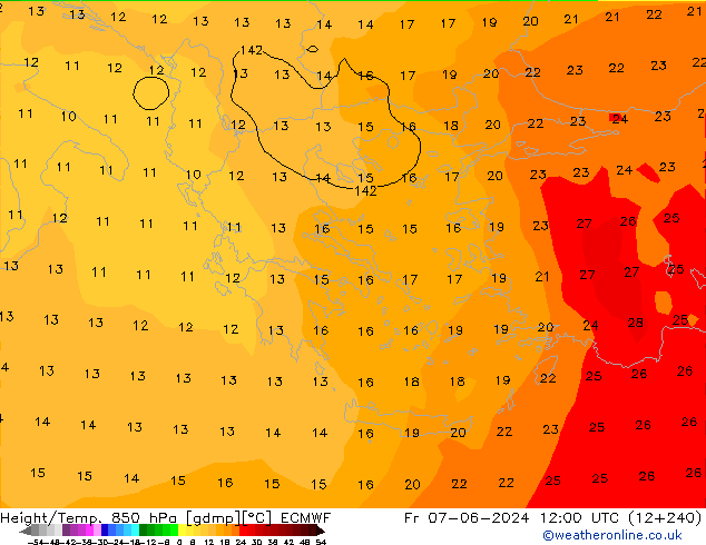 Geop./Temp. 850 hPa ECMWF vie 07.06.2024 12 UTC