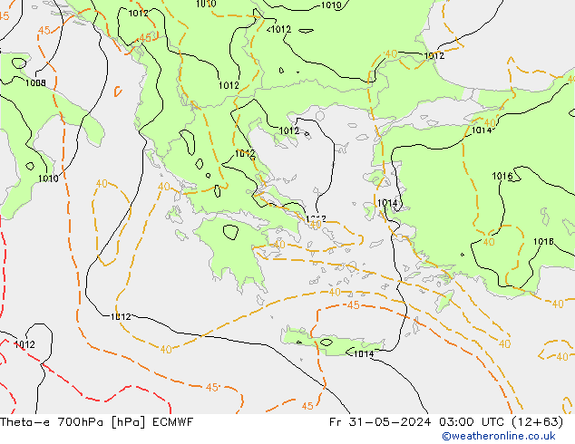 Theta-e 700hPa ECMWF Pá 31.05.2024 03 UTC