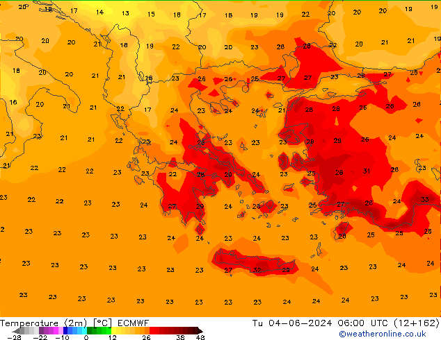 Temperatuurkaart (2m) ECMWF di 04.06.2024 06 UTC