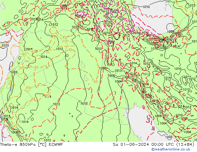 Theta-e 850hPa ECMWF so. 01.06.2024 00 UTC