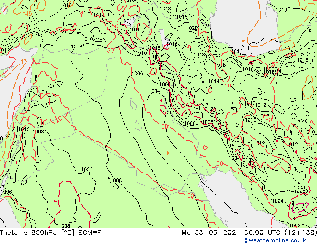 Theta-e 850hPa ECMWF lun 03.06.2024 06 UTC