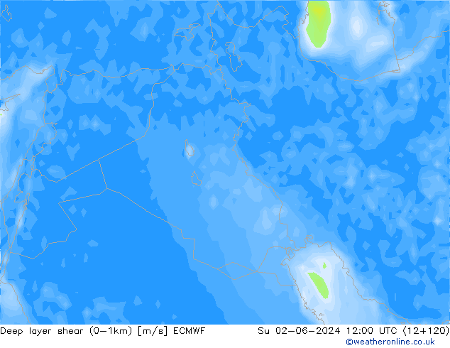 Deep layer shear (0-1km) ECMWF Dom 02.06.2024 12 UTC