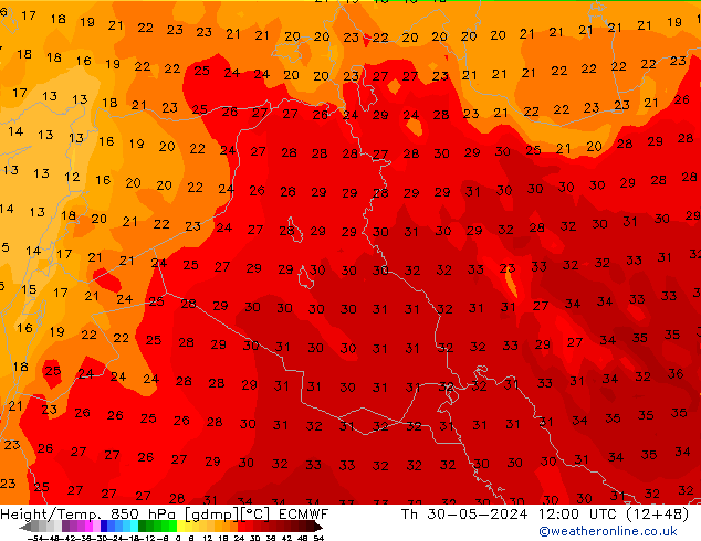 Z500/Rain (+SLP)/Z850 ECMWF czw. 30.05.2024 12 UTC