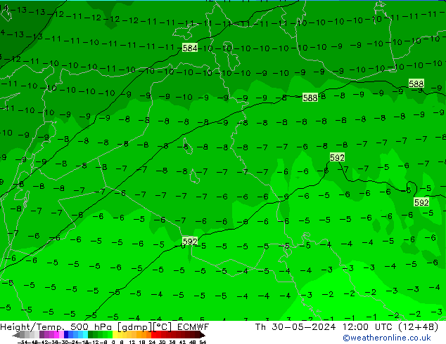 Z500/Rain (+SLP)/Z850 ECMWF czw. 30.05.2024 12 UTC