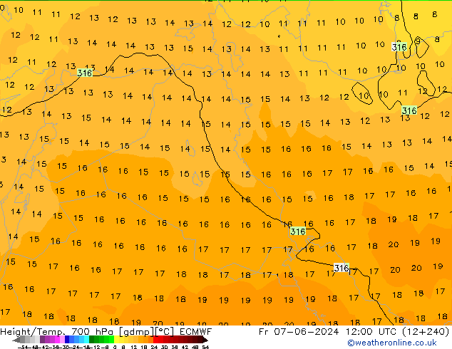 Geop./Temp. 700 hPa ECMWF vie 07.06.2024 12 UTC