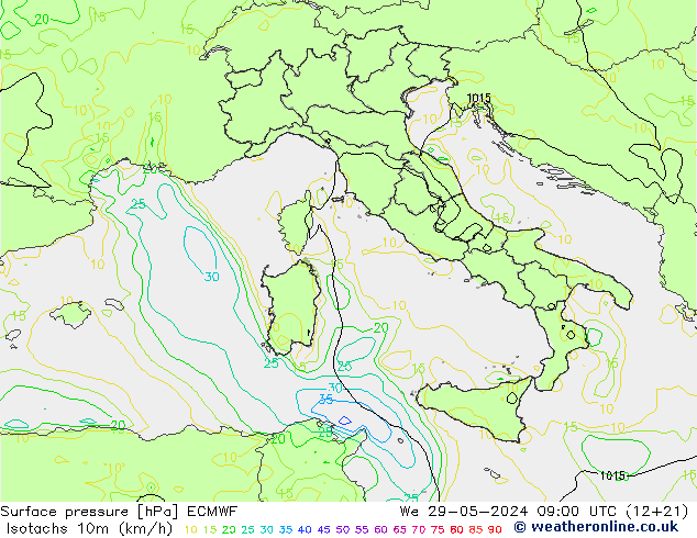 Isotachs (kph) ECMWF We 29.05.2024 09 UTC