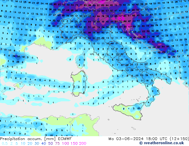 Precipitation accum. ECMWF Mo 03.06.2024 18 UTC