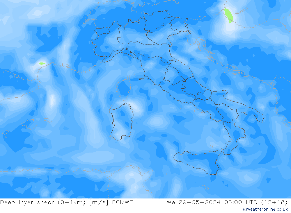 Deep layer shear (0-1km) ECMWF wo 29.05.2024 06 UTC