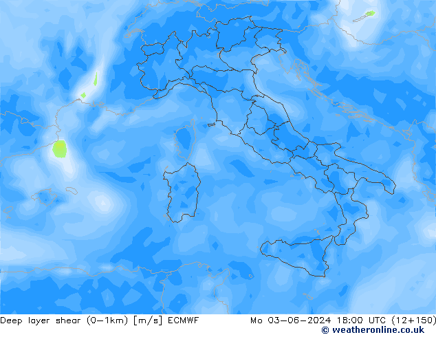 Deep layer shear (0-1km) ECMWF Seg 03.06.2024 18 UTC