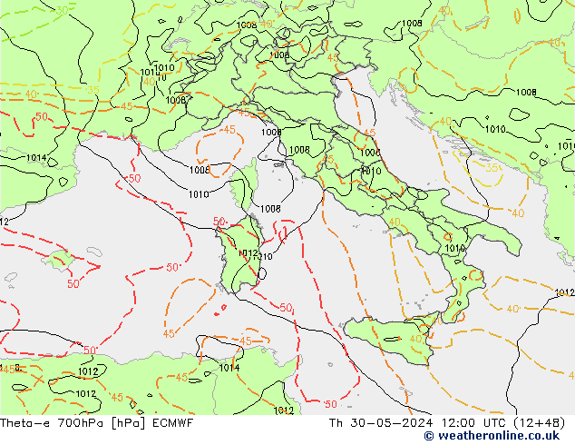 Theta-e 700hPa ECMWF gio 30.05.2024 12 UTC