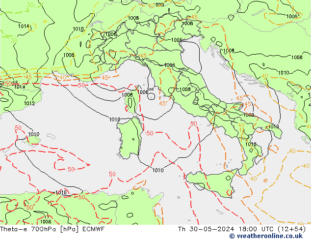 Theta-e 700hPa ECMWF Qui 30.05.2024 18 UTC