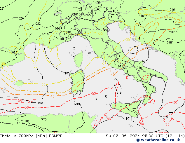 Theta-e 700hPa ECMWF Su 02.06.2024 06 UTC