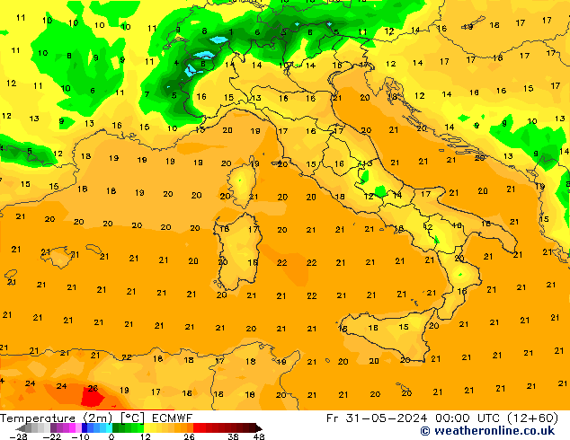 Temperatuurkaart (2m) ECMWF vr 31.05.2024 00 UTC