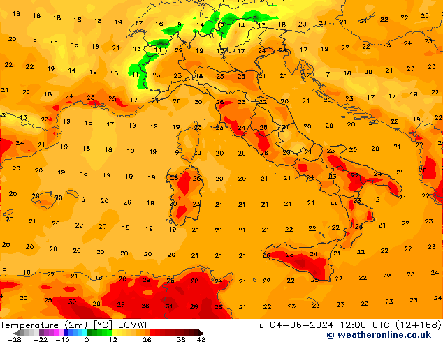 Temperaturkarte (2m) ECMWF Di 04.06.2024 12 UTC