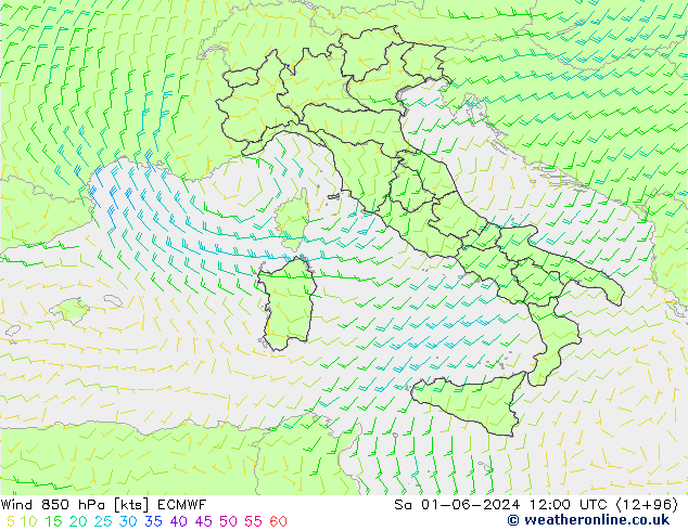 ветер 850 гПа ECMWF сб 01.06.2024 12 UTC