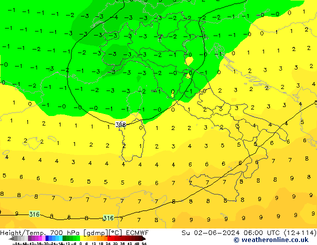 Height/Temp. 700 hPa ECMWF  02.06.2024 06 UTC