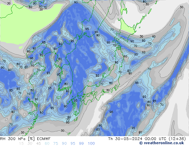 RH 300 hPa ECMWF czw. 30.05.2024 00 UTC