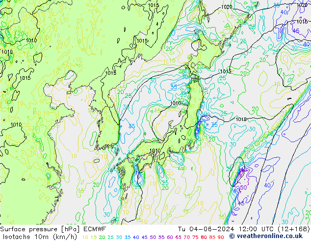 Izotacha (km/godz) ECMWF wto. 04.06.2024 12 UTC