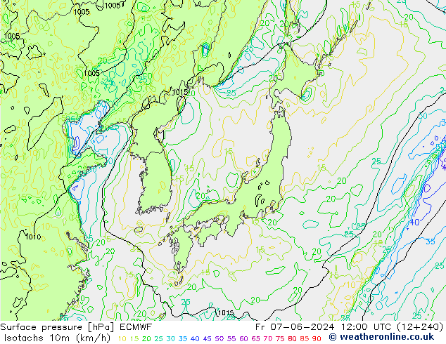 Isotachs (kph) ECMWF Pá 07.06.2024 12 UTC