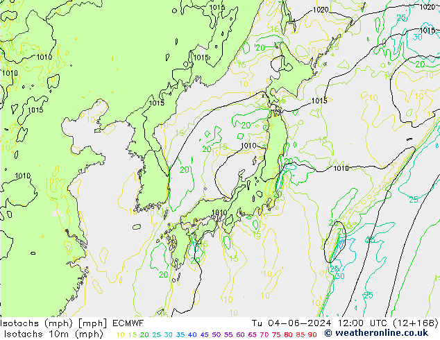 Isotachs (mph) ECMWF вт 04.06.2024 12 UTC