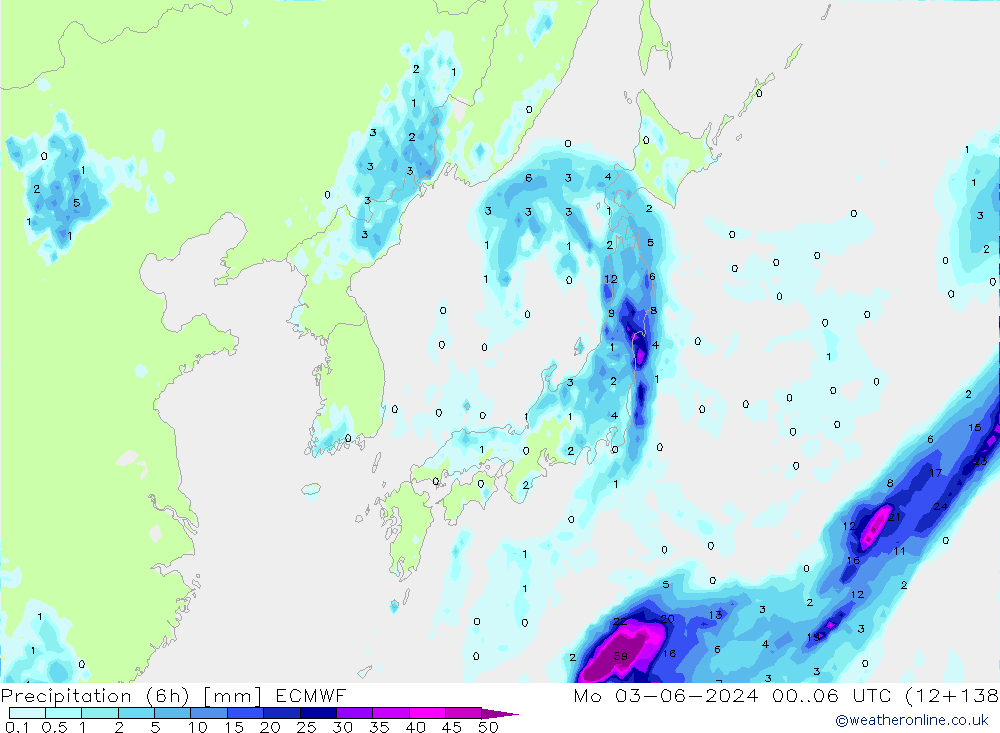 Precipitation (6h) ECMWF Mo 03.06.2024 06 UTC