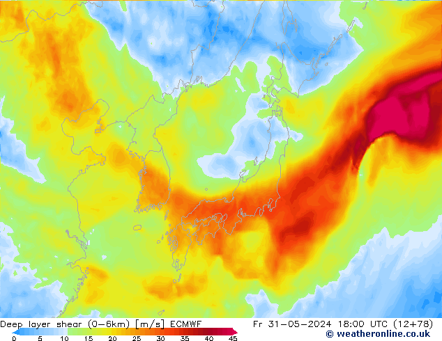 Deep layer shear (0-6km) ECMWF Fr 31.05.2024 18 UTC