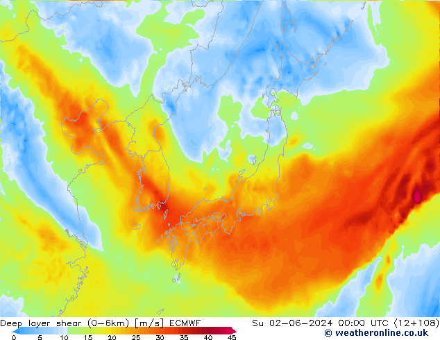 Deep layer shear (0-6km) ECMWF Ne 02.06.2024 00 UTC