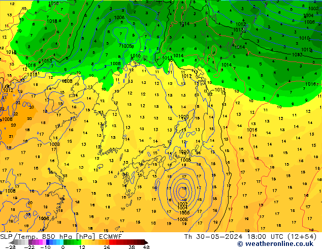 SLP/Temp. 850 hPa ECMWF do 30.05.2024 18 UTC