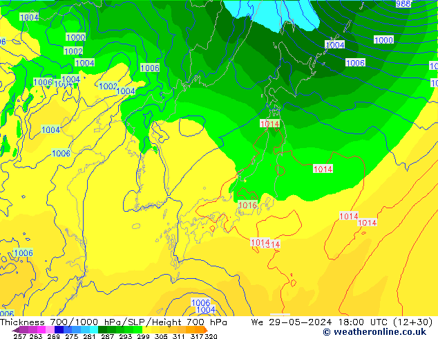 Thck 700-1000 hPa ECMWF mer 29.05.2024 18 UTC