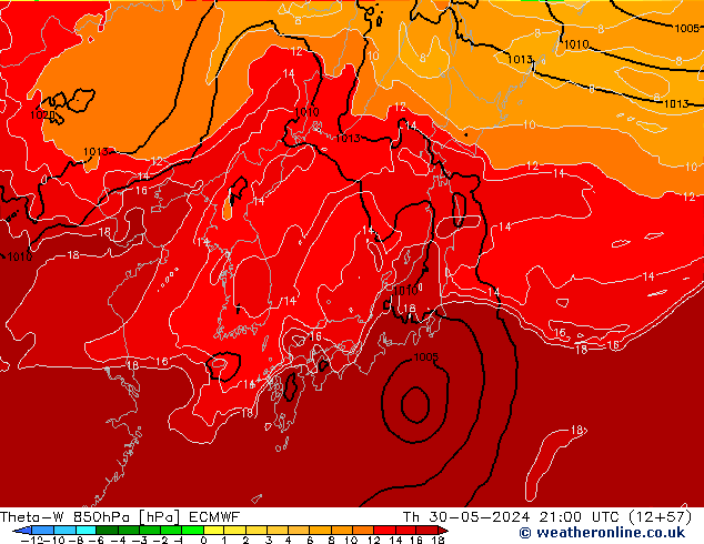 Theta-W 850hPa ECMWF do 30.05.2024 21 UTC