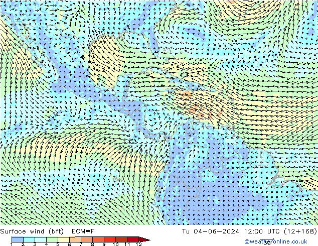 Surface wind (bft) ECMWF Tu 04.06.2024 12 UTC